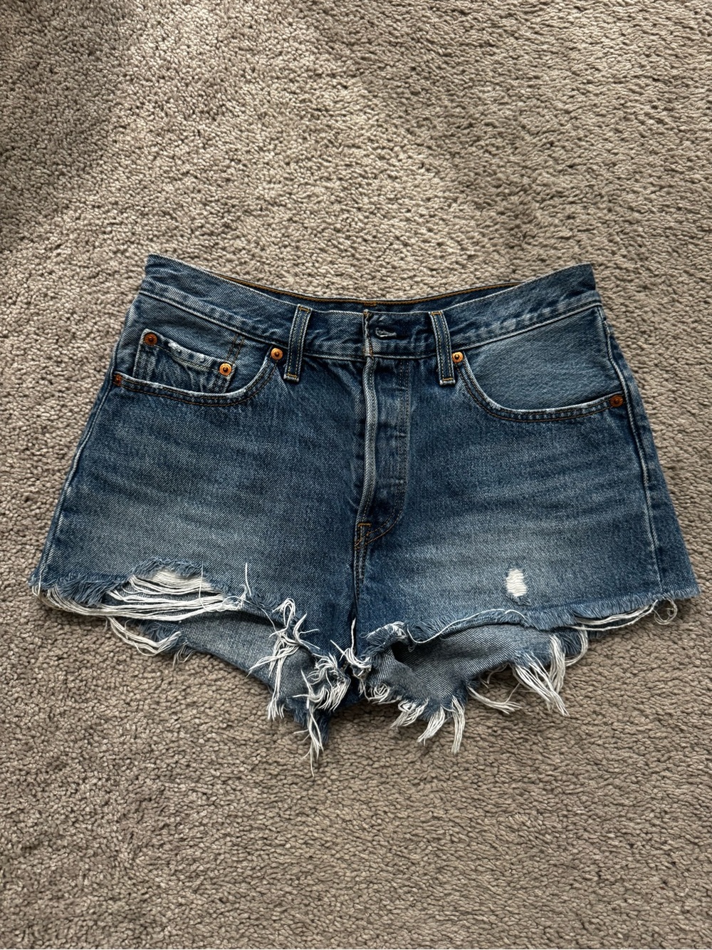 Levi's 501 Shorts - Distressed Dark Blue Frayed Denim Shorts